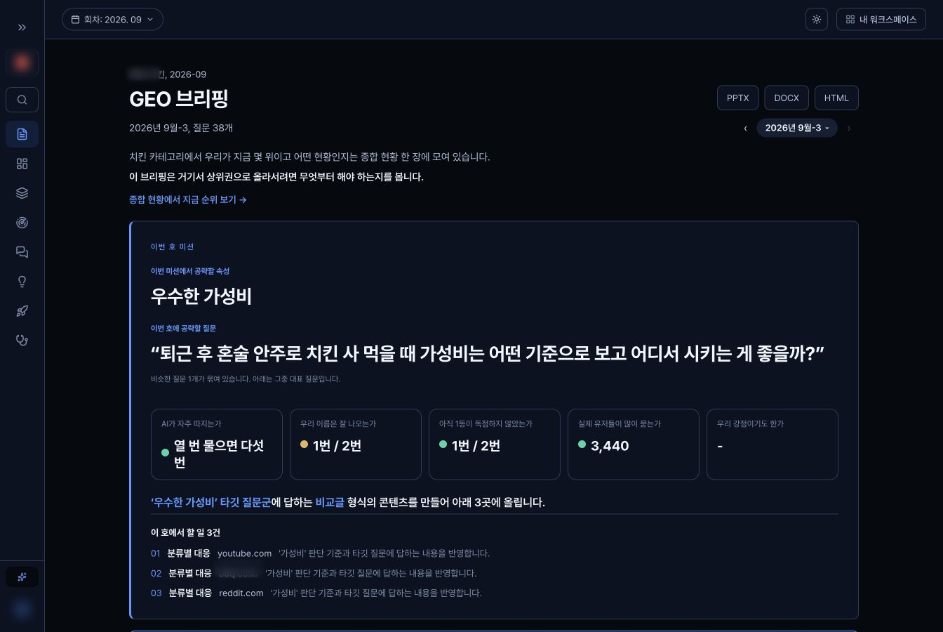 GEO 브리핑 실제 제품 화면, 브랜드 식별정보 블러 처리